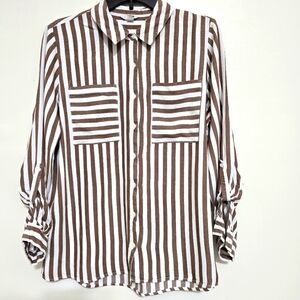 Striped 3/4 Roll Tab Sleeve Button Up Beach‎ Vacation Lightweight Shirt CATO L